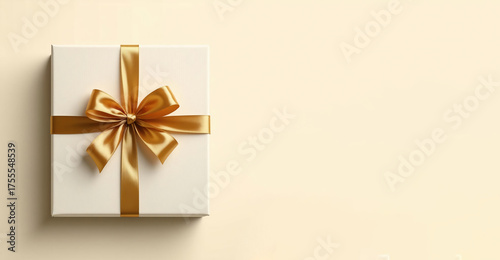 a gift box on a beige background with a gold ribbon. a gift for a new year, a birthday. artificial intelligence generator, AI, neural network image. background for the design