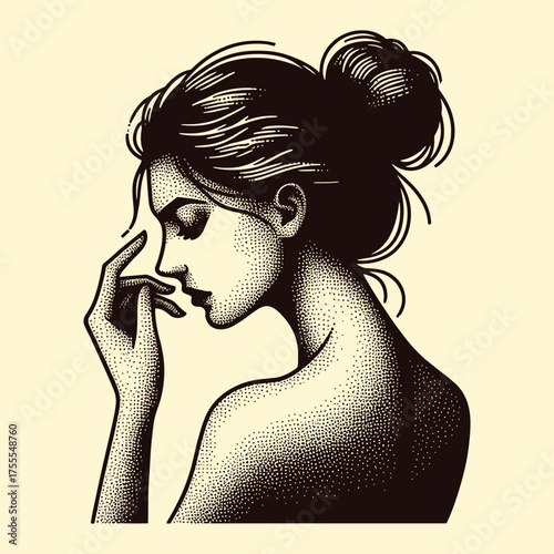 Thoughtful Woman Side Profile Emotional Portrait Vintage Vector Illustration