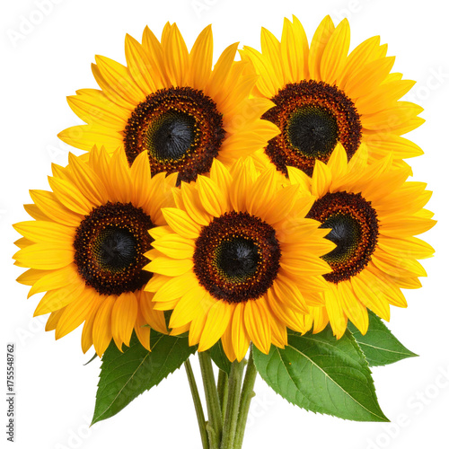 A vibrant bouquet of five sunflowers with bright yellow petals and dark brown centers