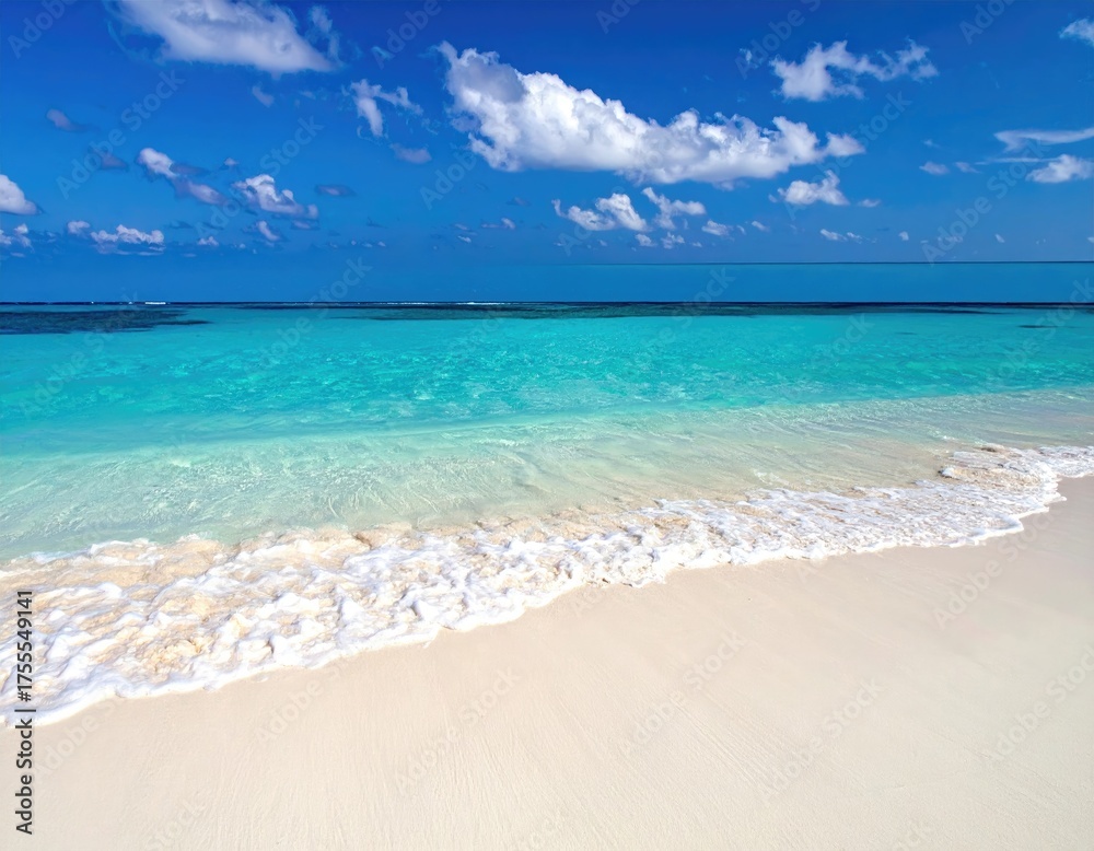 Fototapeta premium Pristine beach scene with turquoise water and fluffy clouds. A wide shot of a white sandy beach gently meeting the clear turquoise water of a calm ocean.