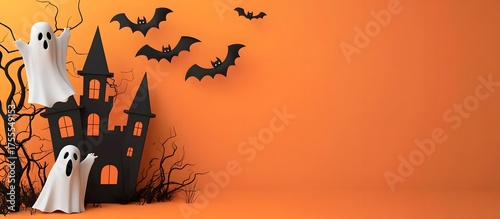 Castle with ghosts, pumpkins, and bats. Happy Halloween, copy space