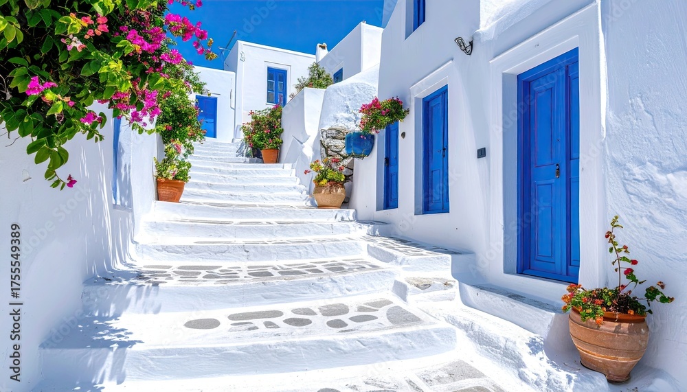 Naklejka premium Charming White Greek Island Alleyway With Blue Doors And Vibrant Pink Bougainvillea Flowers In Bright Sunlight