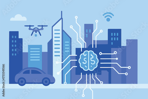 Flat vector illustration of futuristic smart city with AI brain chip, autonomous car, drone, and wireless network, symbolizing artificial intelligence, innovation, and modern technology concept.