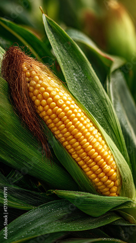 Fresh yellow corn on the cob with vibrant green husks, close-up, agricultural harvest.