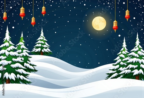 Wallpaper Mural Serene Winter Landscape with Snow-Covered Pine Trees and Full Moon Illuminating the Night Sky with Hanging Red Lanterns and Falling Snowflakes Torontodigital.ca