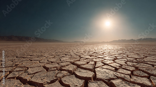 Cracked earth desert landscape under a blazing sun, symbolizing drought and climate change impact.