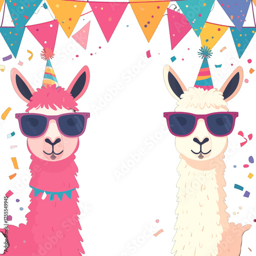 Festive Alpacas Celebrating Party with Sunglasses and Confetti in Cheerful Cartoon Style Illustration
