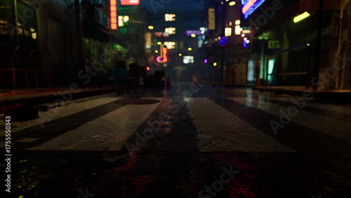 Rain soaked streets glisten under vibrant neon signs. The atmosphere is lively with a mix of colors and shadows, creating a captivating urban nightscape. People wander through the bustling scene.