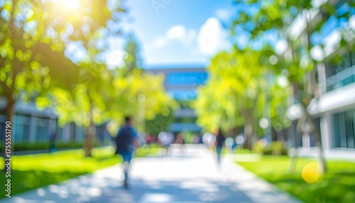 Blurred background of a vibrant scene showcasing students enjoying their time on a contemporary university campus.
