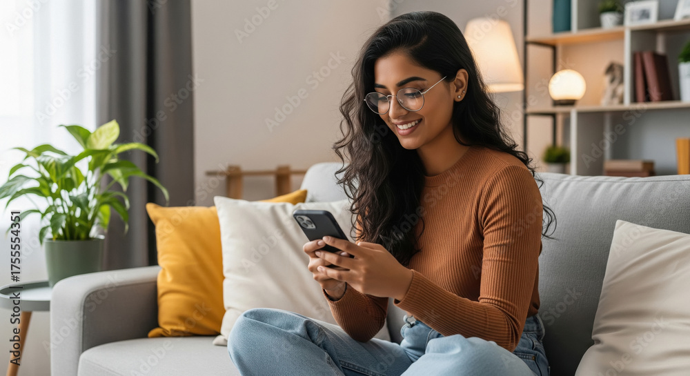 Obraz premium Relaxed woman enjoying her smartphone at home.