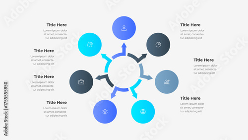 Modern infographic showing seven circles connected by arrows, representing cycle, data, and finance concepts. Circular infographic chart with 7 steps