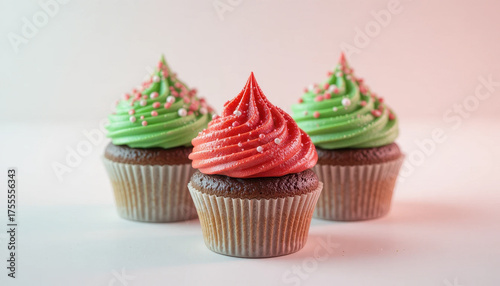 Festive cupcakes with red and green frosting topped with sprinkles create cheerful holiday vibe. trio of chocolate cupcakes is perfect for celebrations and gatherings
