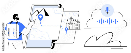 Backpacker using a navigation app with destination markers, map visuals, voice-controlled search, and cloud synchronization. Ideal for travel, technology, exploration, innovation, connectivity data