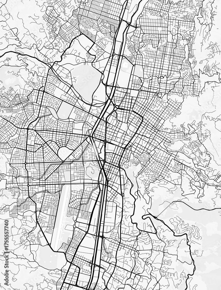 Naklejka premium Medellin City Map. Minimalist black and white line art poster for printing, wallpaper, wall art for home and office decor