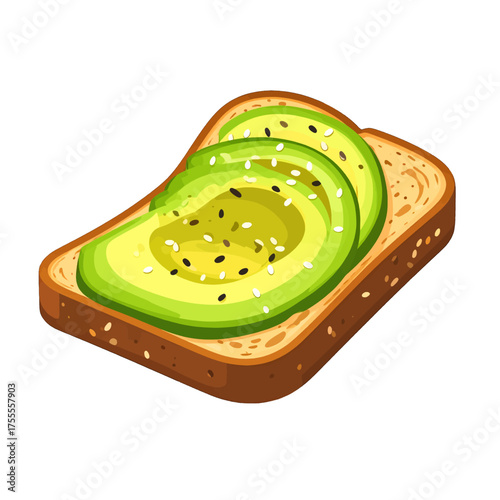 Isometric Pixel Art Brown Toast Topped with Green Avocado and White Sesame Seeds on White Background for Digital Foodie