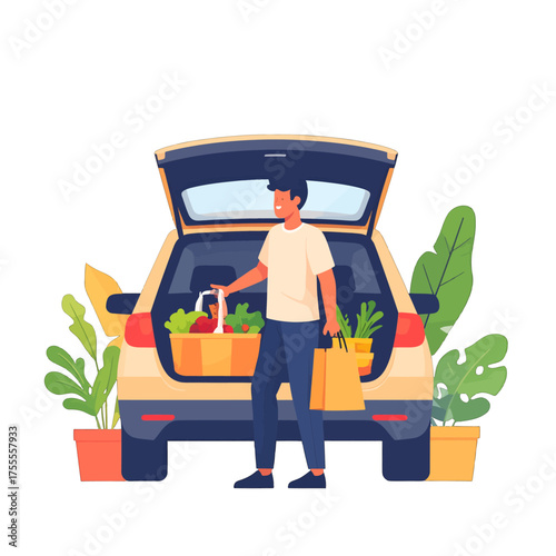 Man Unloading Groceries From Car Trunk Amidst Potted Plants in a Vibrant Graphic Style Illustration with Cream Shirt and Dark Pants Against a White Background