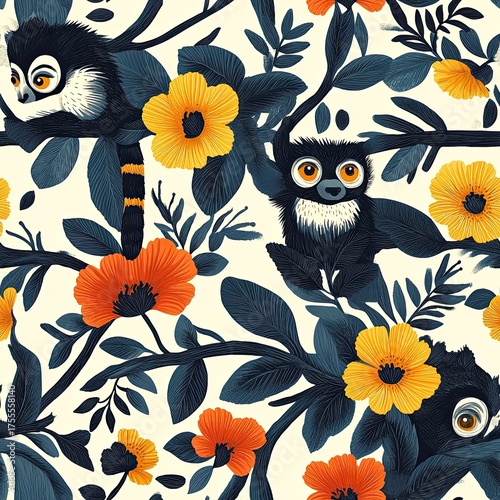 Playful lemur pattern with orange flowers and dark leaves, fantasy nature theme.