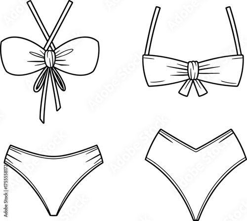 Bikini fashion design set, strapless and bandeau tops, low-rise and high-waisted bottoms, technical sketch, garment illustration, swimwear styles