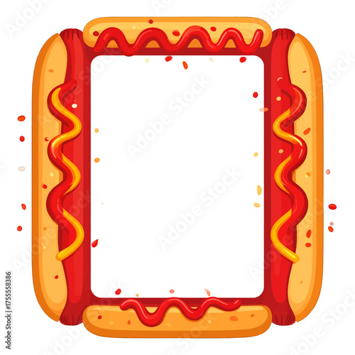 Hot Dog Frame Border with Mustard and Ketchup on White Background Illustration