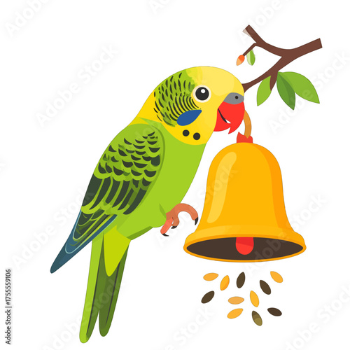 Green and Yellow Budgerigar Perched on Branch Next to Golden Bell with Seeds on White Background Cartoon Illustration for Adobe Stock