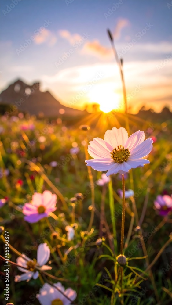 Fototapeta premium A field of delicate cosmos flowers bathed in the warm glow of a setting sun, with a blurry mountain backdrop and soft focus