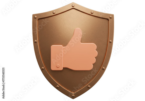 Bronze shield with thumbs up isolated PNG, symbol of protection and approval for security and trust concepts