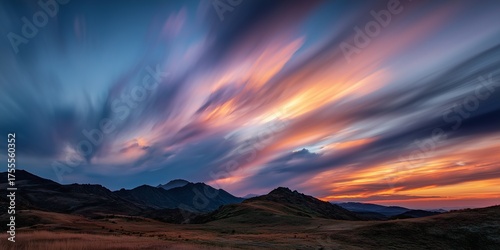 Clouds streaking across a mountain landscape during sunset, long exposure capturing dramatic sky movement, high-resolution nature scene.