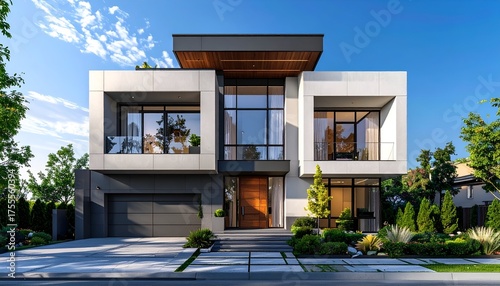 Modern architectural design of a stylish house with large windows and lush greenery in the surroundings