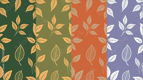Collection of seamless patterns featuring stylized autumn leaves on colored backgrounds.