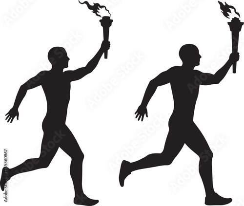 Two runners in silhouette holding flaming torches during a race silhouette