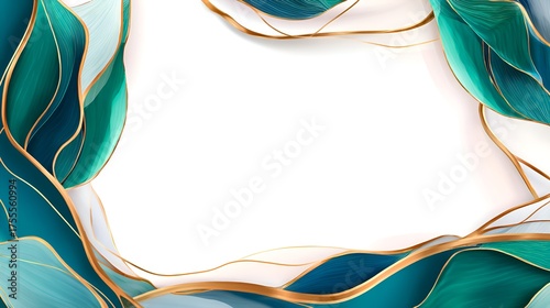 Elegant abstract frame with flowing teal and gold leaves, perfect for invitations or presentations