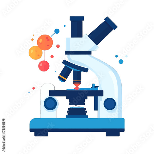 Illustration of Light Blue Microscope and Molecule Model on White Backdrop