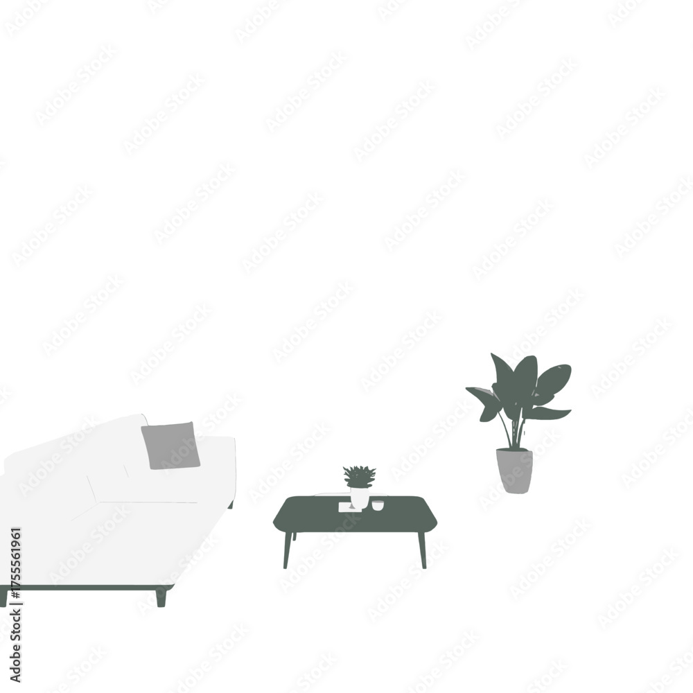 Fototapeta premium Minimalist Interior with White Sofa Dark Table and Green Plant in a Bright Room Illustration