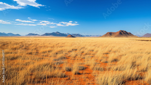 Grassy savanna landscape with distant mountains under blue sky