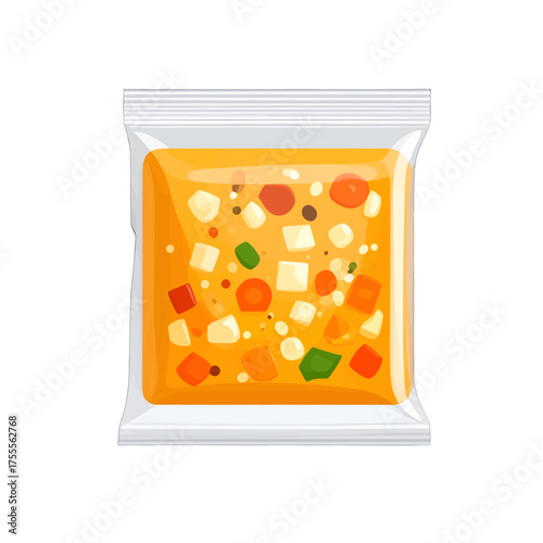 Isolated Packet of Orange Soup with Colorful Vegetable Pieces in Clear Plastic Packaging on White Background