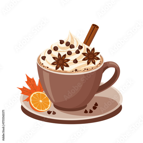 A comforting warm autumn beverage topped with whipped cream and spices served with a slice of orange and festive fall leaves.