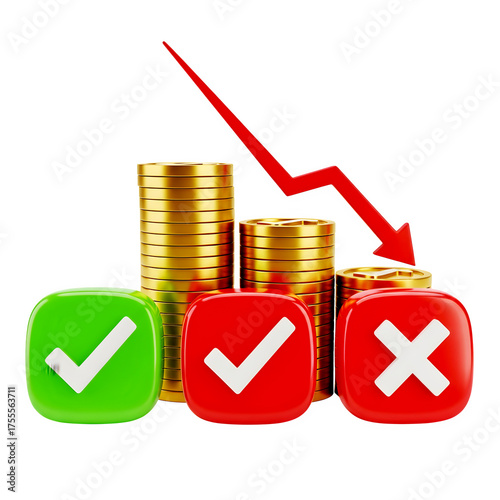 3d icon of stack of coins with red arrow pointing down, green check mark, red check mark, and red x isolated on transparent background showing financial loss and success
