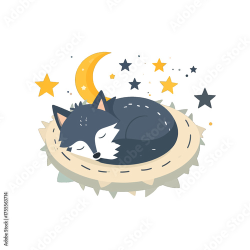 Pixel Art of Sleeping Wolf Pup Curled in Nest Under Crescent Moon and Stars on White Background