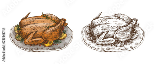 Hand drawn vintage sketch of roasted chicken or turkey on festive plate with herbs and lemon slices, color and monochrome version