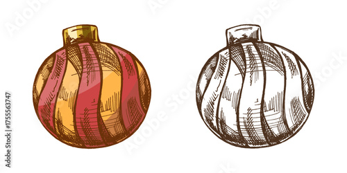 Hand drawn vintage sketch of christmas glass bauble with golden and red stripes, color and monochrome decorative illustration