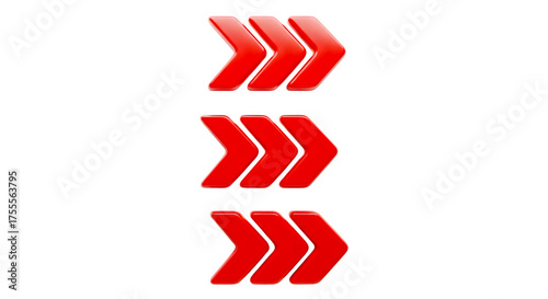 3d icon of three rows of red arrows pointing right isolated on transparent background, indicating direction, movement, and progress in a forward motion