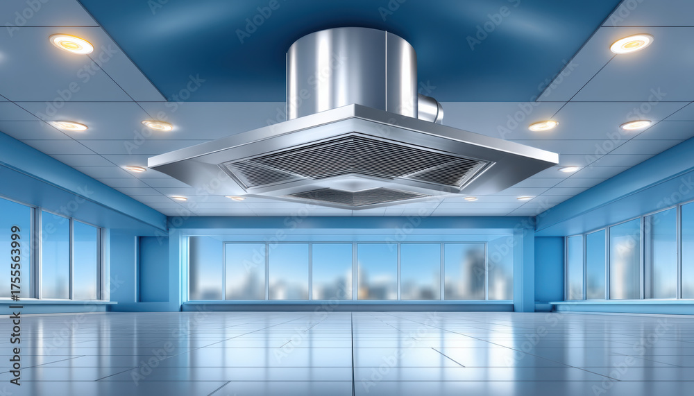Obraz premium Modern commercial kitchen hood vent suspended bright empty blue room with panoramic windows and reflective tile floor, spacious professional