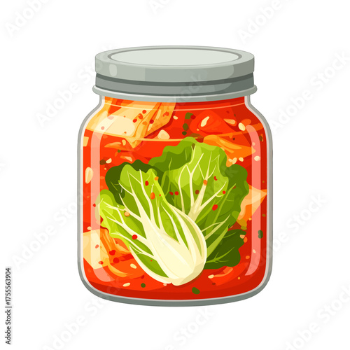 Pixel Art Jar of Fermented Vegetables with Cabbage and Red Sauce on White Background