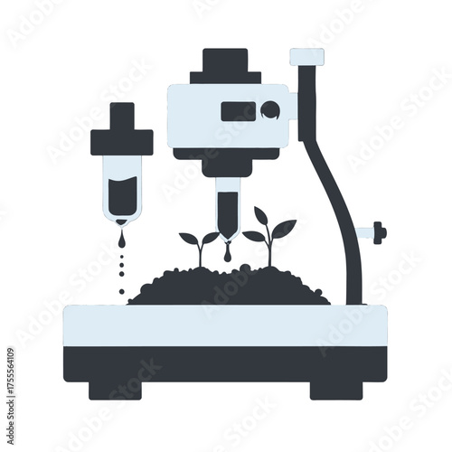 Pale Blue Machine Conducting Experiment on Young Green Sprouts in Soil Plot Over White Background with Focus on Growth Research and Biotechnology