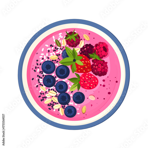 Pixel Art Style Smoothie Bowl with Blueberries Strawberries Raspberries and Mint Leaves in a Blue Rimmed White Bowl Top View