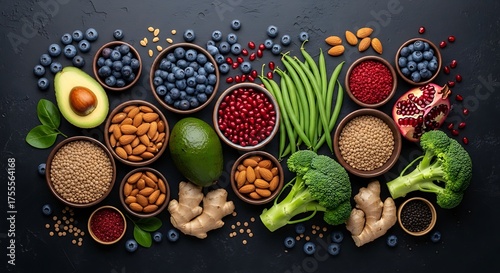 A vibrant assortment of healthy foods including fruits vegetables nuts and seeds arranged on a dark background.