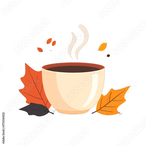 Coffee Cup Surrounded By Autumn Leaves With Rising Vapor Isolated On White Background Illustration Perfect For Fall Season Theme And Decoration