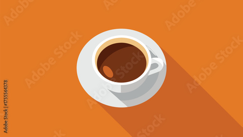 Minimalist flat lay of a cup of coffee on a vibrant orange background casting a long shadow effect