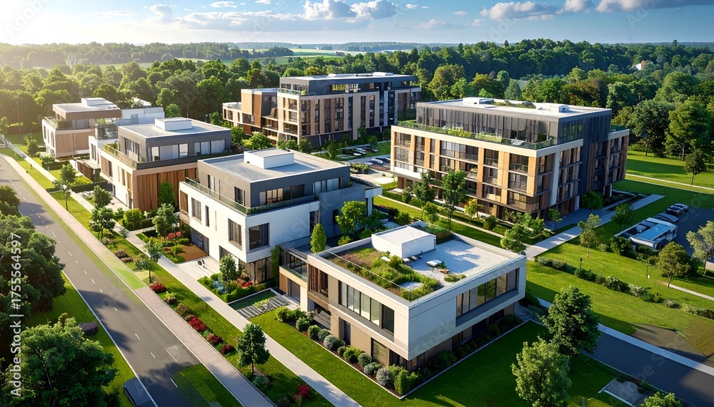 Fototapeta premium Modern residential neighborhood showcasing contemporary architecture with lush green landscaping and clear skies