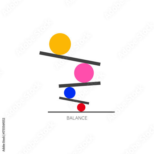 abstract balance and stability concept: colorful geometric balls stacked on planks illustration